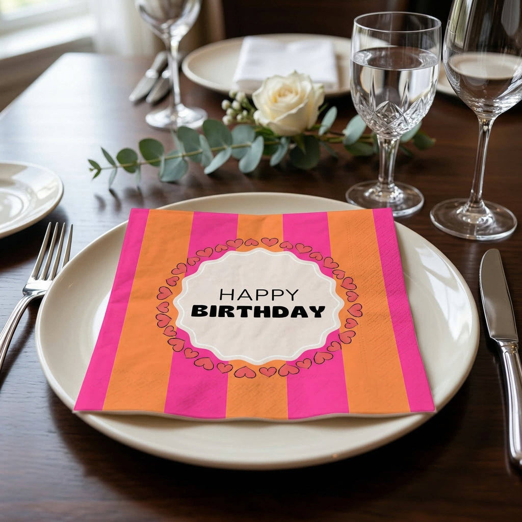 Servietter "Happy Birthday" Rosa