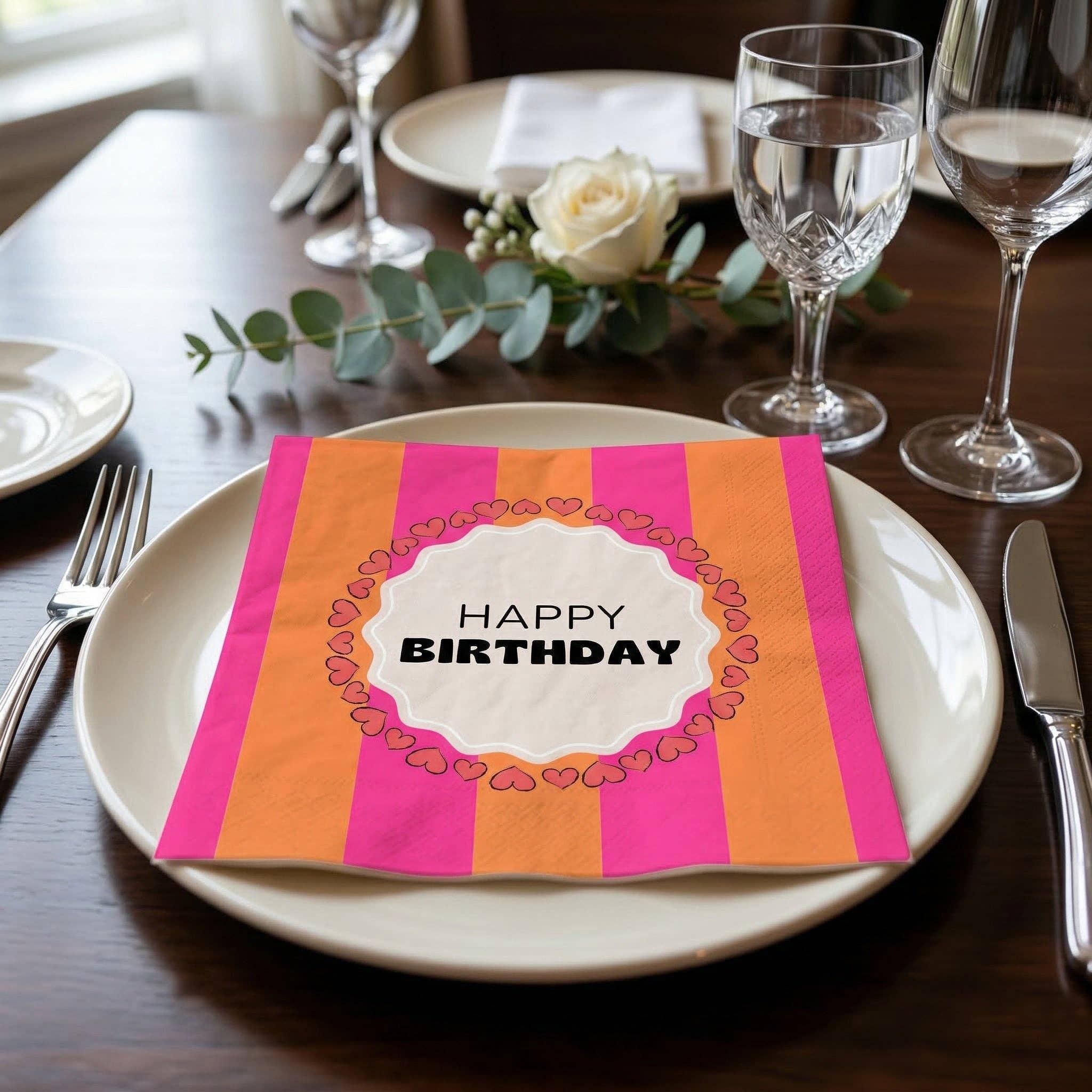 Servietter "Happy Birthday" Rosa
